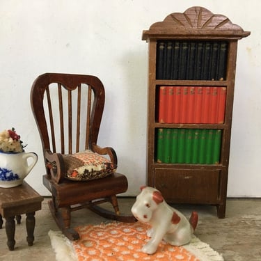 Vintage Dollhouse Furniture Lot, Library Reading Room, Rocking Chair, Bookshelf And Side Table, Area Rug Dog And Pitcher 