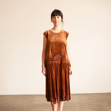 1920s Bronze Copper Silk Velvet Beaded Dress 