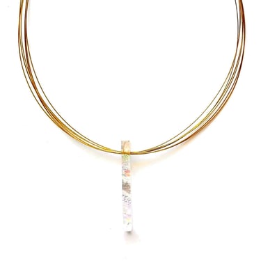 Vintage Artsy Glass Pendant Metallic Necklace Avant Garde Iridescent Choker 