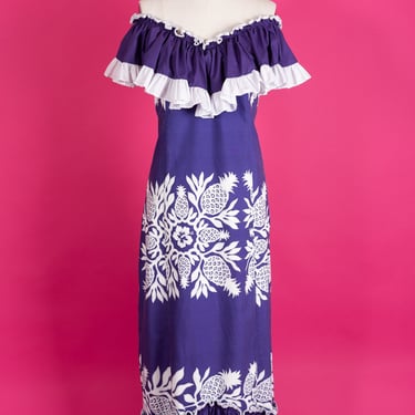 Vintage 1960s Full-Length Purple and White Pineapple Print Hawaiian Dress with Ruffles and Bustle (M/L) 