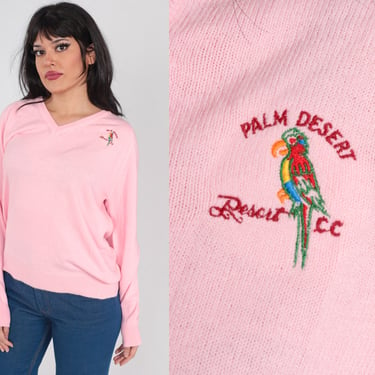Pink Parrot Sweater 80s Palm Desert Resort V-Neck Pullover Knit Sweater Embroidered Country Club California Acrylic Vintage 1980s Medium 