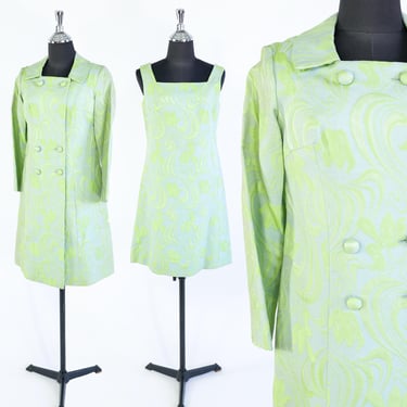 1960s Light Green Brocade Dress & Coat Set | 60s Green Brocade Coat Dress Set  Jackie O | Medium 