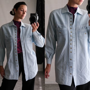 Vintage 90s Irene & Allison Denim Wear Chambray Button Up Shirt | 100% Cotton | 1980s 1990s Country Western Womens Chambray Shirt 