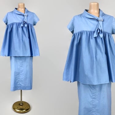 Vintage 50s Maternity Trapeze Blouse & Pencil Skirt Set | 1950s Cornflower Blue Cotton 2 Piece Dress Suit Outfit As-is TLC | VFG 