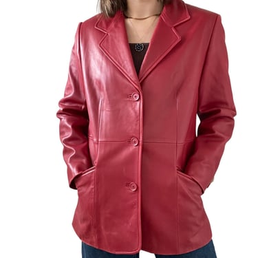 Nordstrom Womens Cherry Red Lambskin Leather Oversized Preppy Blazer Jacket Sz M 