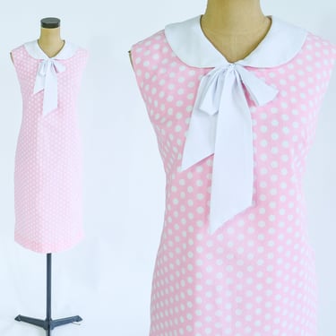 1960s Pink White Polka Dot Sleeveless Dress | 60s Pink Polka Dot Shift | Fritzi of California | Large 