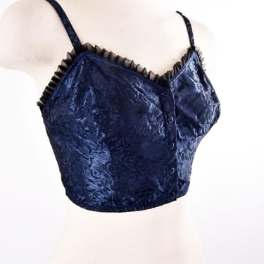 Blue FRENCH Long line Bra Camisole Top 36B, Vintage Lingerie 1970's, 1980's, Snap Front, by DIM Paris France, Pinup Wear Damask Silky Floral 