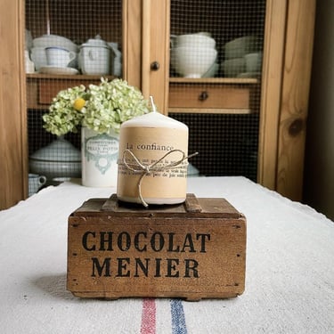 Beautiful antique French chocolat menier wooden crate box 