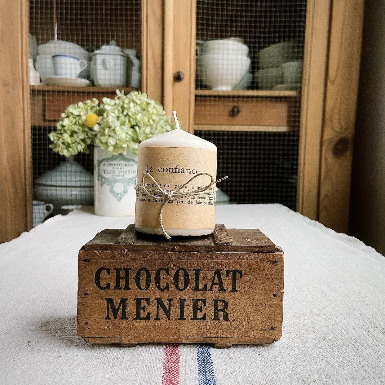 Beautiful antique French chocolat menier wooden crate box | Grain