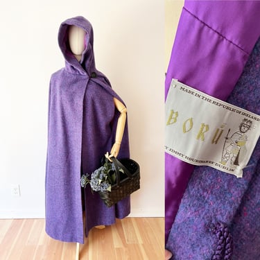 ONE SIZE Purple Wool Cape, Hooded Cloak, Purple Cape, Purple Coat, 1960s 70s Vintage Winter Cape, Hourihan of Dublin Ireland 