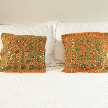 Indian Embroidered Pillowcases with Mirrors in Orange and Green 
