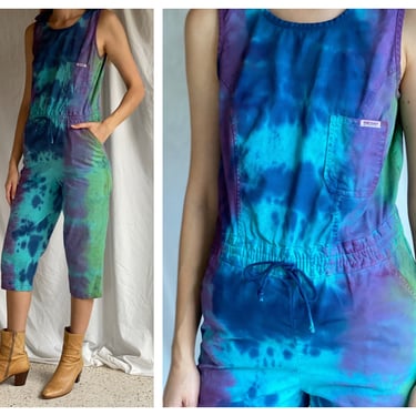Tie Dye Cotton Jumpsuit / Onesie / IDEAS Jumpsuit / 1980s Street Style / Summer Days / Purple and Blue Dye 