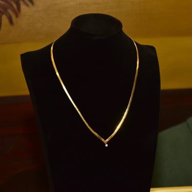 Vintage 14K Gold Herringbone Chevron Diamond Solitaire Necklace, .11 CT Brilliant Diamond, Decollete Necklace 20 1/2