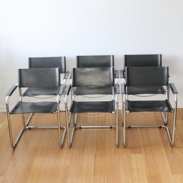 Mart Stam Marcel Breuer S34 Style Italian Made Bauhaus Cantilever Chrome Black Leather Dining Armchairs-set of 6 