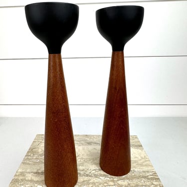 Vintage Mid Century Modern Solid Teak Wood Candle Holders Pair Black Cups 11" 