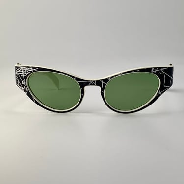 1950'S Cat Eye Sunglasses - Black Plastic Frames with Silver Squiggle Pattern - Original Green Glass Lenses 