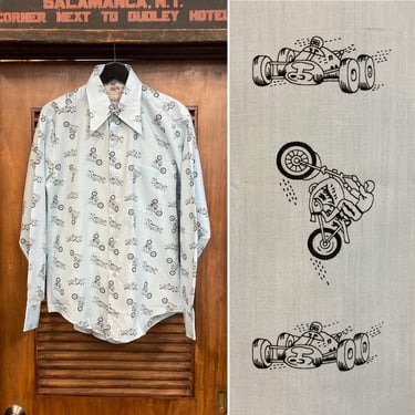 Vintage 1970’s Pop Art Racing Print Long Sleeve Shirt -Deadstock- 70’s Pop Art Shirt, Vintage Pop Art, Vintage Hot Rod, Vintage Clothing 
