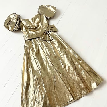 1980s Gold Lamé Puff Sleeve Party Dress with Big Bow Waistline 