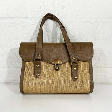 Vintage Mod Tan Bag 1960s Handbag Purse Satchel Top Handle Taupe Beige Burlap Vinyl 1970s 