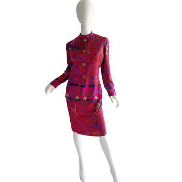 80s Anne Crimmins Silk Skirt Suit / Abstract Mod Dress Jacket Skirt Set Small 