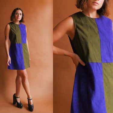 Vintage 70s Color Block Mod Mini Dress/ 1970s Purple Green Shift Dress/ Size Medium 