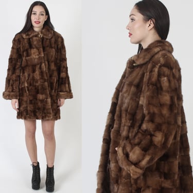 Feathered Brown Patchwork Mink Coat / Vintage 60s Real Fur Swing Jacket / Full Collar Cuff Sleeve Overcoat With Pockets 