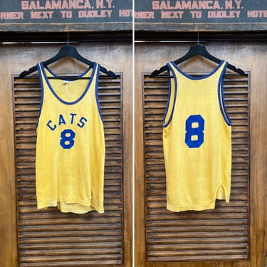 Vintage 1950’s “Cats” Number 8 Durene Athletic Sports Jersey Tank Top, Yellow x Blue, Appliqué Detail, 50’s Vintage Clothing 