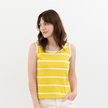 Vintage Yellow White Stripe Tank Top | 60s 70s 100% Cotton Singlet Undershirt | XS | 