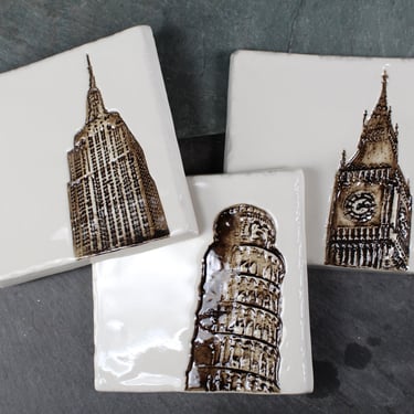 Stoneware Decorative Tiles featuring Empire State Building, Big Ben, and the Leaning Tower of Pisa | RH Stoneware | Circa 1990s 