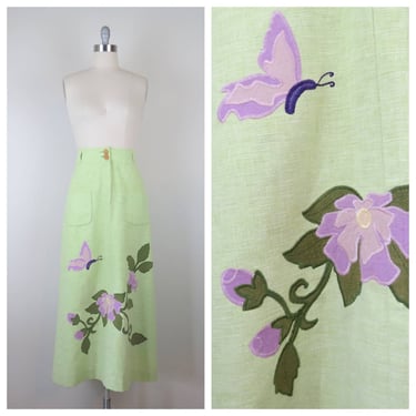 Vintage 1970s maxi skirt, linen, floral, butterfly, applique, embroidered 