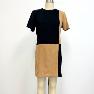 Vintage Faux Suede Dress | Mod  Black and Buff Shift | 90s Does 60s Size 9  / 10 