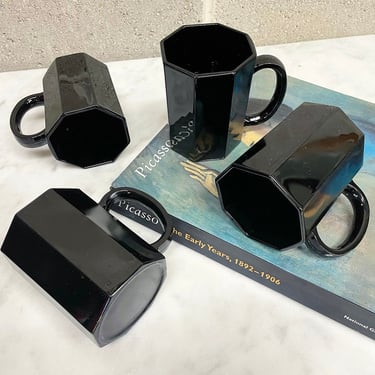 Vintage Mug Set Retro 1980s Contemporary + Arcoroc + Black Glass + Octagon Shape + Set of 4 + Drinkware + Coffee Cups + Kitchen Decor 