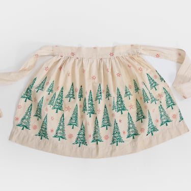 Vintage 40s linen rhinestone Christmas tree half apron 