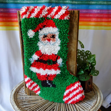 Vintage huge latchhook Christmas stocking 2 ft long, Santa Claus retro 80s kitchy Xmas holiday mantle decor wall hanging in red green white 