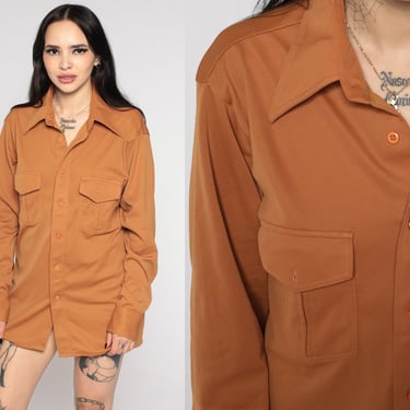 70s Shirt Burnt Orange Dagger Collar Shirt Button Up Shirt Long Sleeve Top Disco Shirt 1970s Collared Plain Oxford Men's Large 