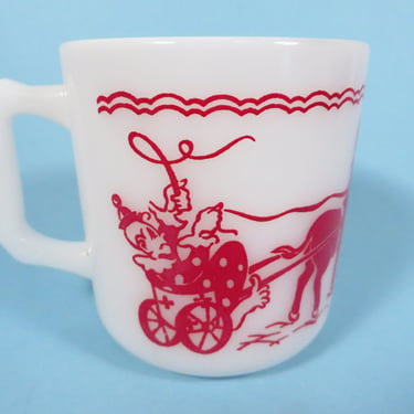 Vintage Hazel Atlas Milk Glass Circus Mug - Mid Century Red Circus Scene Mug 