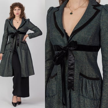 Vintage Betsey Johnson Puff Sleeve Metallic Jacket - Small | Y2K Shiny Green Black Velvet Trim Snap Up Long Coat 