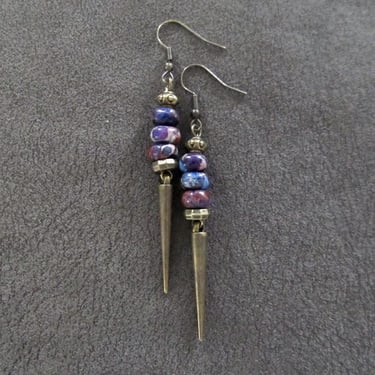 Unique spike and purple stone earrings bronze 