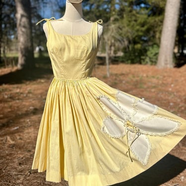 Vintage 1950s Candy Jones Sundress - Yellow & White Striped Cotton, Floral Applique 