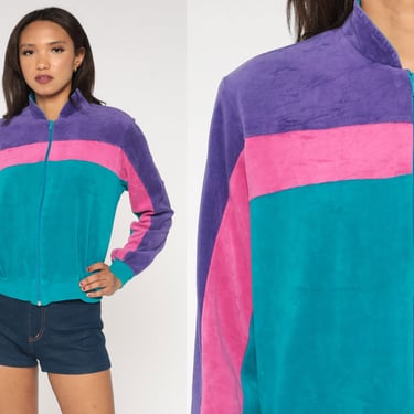 Velour Track Jacket 80s Turquoise Purple Striped Zip Up Sweatshirt Color Block Warm Up Jacket Blue Pink Retro 1980s Jantzen Medium 