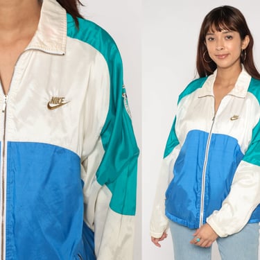 Nike Windbreaker 90s Zip Up Track Jacket White Blue Turquoise Color Block Nylon Retro Streetwear Sportswear Warmup Vintage 1990s Medium M 