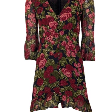 The Kooples - Black, Red, & Green Rose Print Swiss Dot Silk Dress Sz S