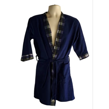 VTG Men's Mervyns Sprockets Short Kimono Robe Blue Tartan Belted Pocket Size S/M 