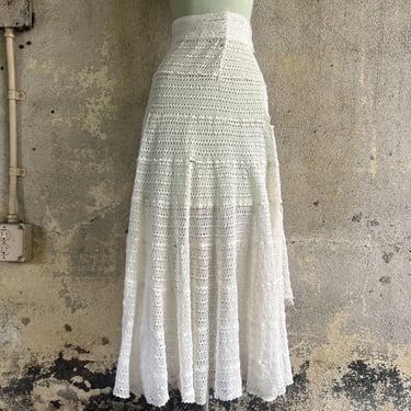 Vintage 1930s White Cream Cotton Crochet Knit Dress Skirt Full Length Knit