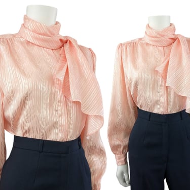 High Collar Dress Blouse, Small / Vintage Silky Tie Collar Cocktail Blouse with Wide Sleeves / 1980s Peach Jacquard Striped Dress Shirt 