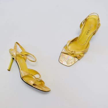 Vintage 90s 00s Escada high Heels size 9 B Yellow Snakeskin Strappy High Heels Size 9 By Escada 90s Metallic yellow High Heel Sandals Shoes 