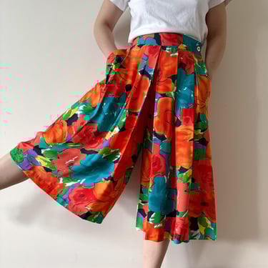 vintage culottes wide leg pants high waist gauchos pleated floral abstract oil painting effect boho style orange blue Made in USA size S/M 