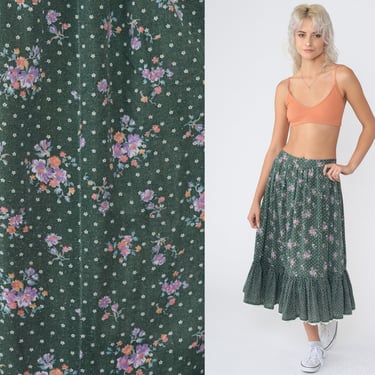 Floral Prairie Skirt 70s Green Calico Midi Skirt Tiered Ruffled High Waisted Flower Print Boho Hippie Seventies Summer Vintage 1970s Small S 