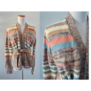 Vintage 70s Cardigan Wrap Sweater - Space Dye - Hippie Boho Cozy Fall Winter Knit - Size Large 