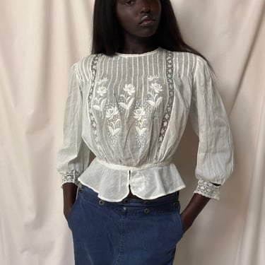 Vintage Edwardian Cotton Floral Embroidered Blouse